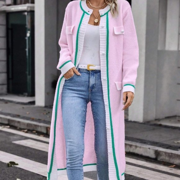 Pink Preppy Womens Contrast Trim Flap Detail Longline Cardigan - Picture 1 of 5
